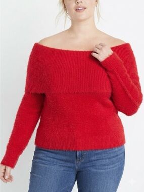 Venus Red Fuzzy Eyelash Knit Off-The-Shoulder Cowl Neck Sweater XL Cozy Chic